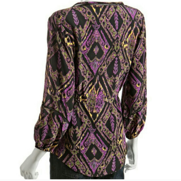 {Shoshanna} Midnight Ikat Print Silk V-Neck Blouse - Picture 7 of 7
